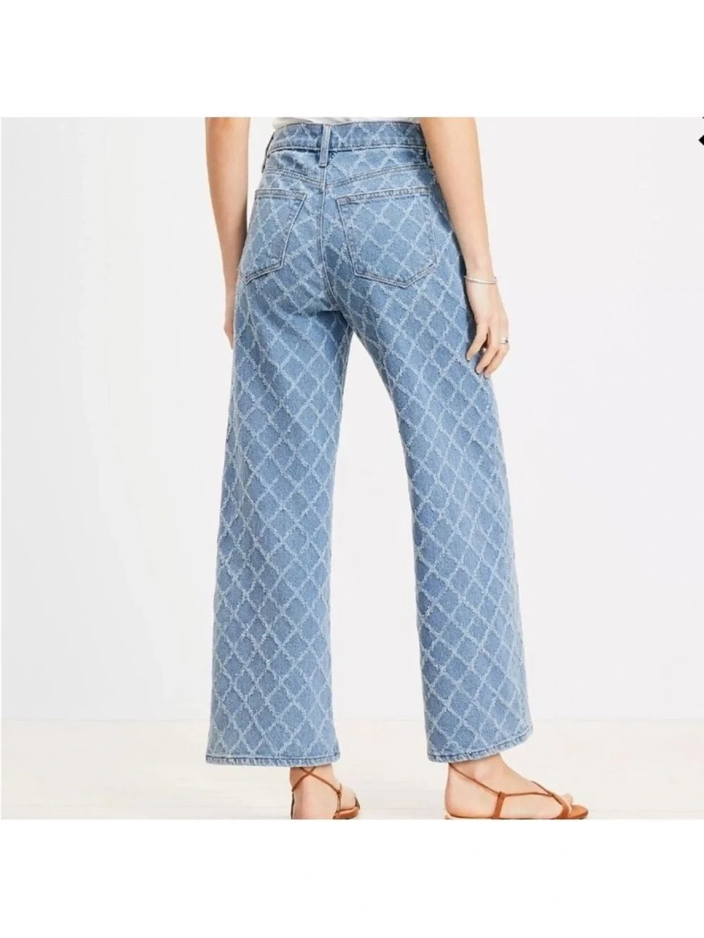 NWOT LOFT High-Rise Wide Leg Crop Diamond Quilted-Pattern Jeans - Light Blue